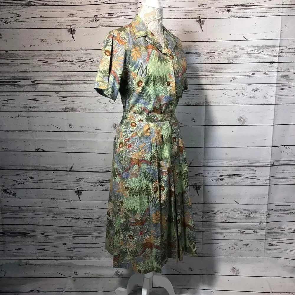Vintage AGILE tropical Blouse & midi skirt set in green both medium